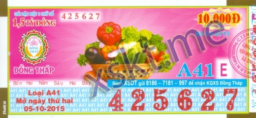 Mẫu vé sô xổ số Đồng Tháp ngày 5/10/2015