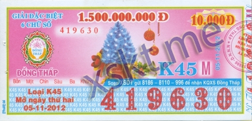 Mẫu vé sô xổ số Đồng Tháp ngày 5/11/2012