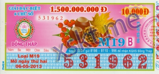 Mẫu vé sô xổ số Đồng Tháp ngày 6/5/2013