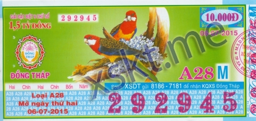 Mẫu vé sô xổ số Đồng Tháp ngày 6/7/2015
