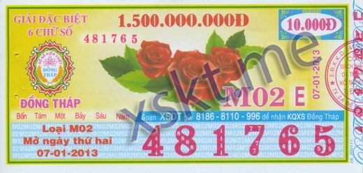 Mẫu vé sô xổ số Đồng Tháp ngày 7/1/2013