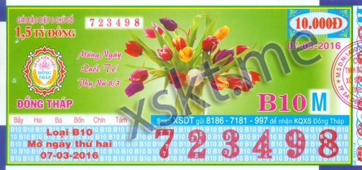 Mẫu vé sô xổ số Đồng Tháp ngày 7/3/2016
