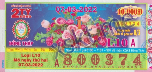 Mẫu vé sô xổ số Đồng Tháp ngày 7/3/2022