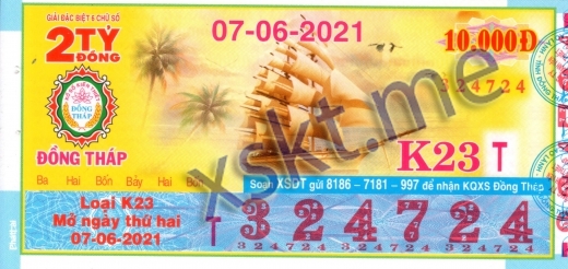 Mẫu vé sô xổ số Đồng Tháp ngày 7/6/2021