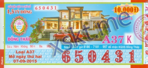 Mẫu vé sô xổ số Đồng Tháp ngày 7/9/2015