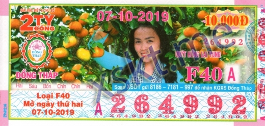 Mẫu vé sô xổ số Đồng Tháp ngày 7/10/2019