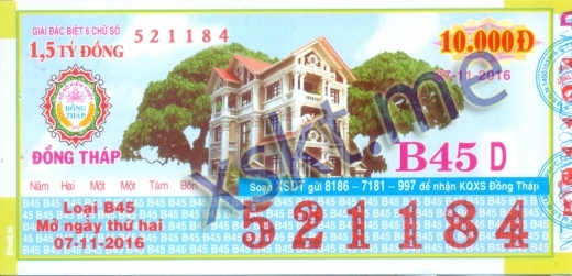 Mẫu vé sô xổ số Đồng Tháp ngày 7/11/2016