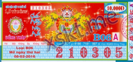 Mẫu vé sô xổ số Đồng Tháp ngày 8/2/2016