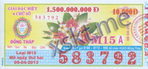 Mẫu vé sô xổ số Đồng Tháp ngày 8/4/2013
