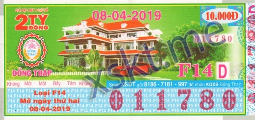 Mẫu vé sô xổ số Đồng Tháp ngày 8/4/2019