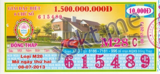 Mẫu vé sô xổ số Đồng Tháp ngày 8/7/2013