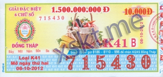 Mẫu vé sô xổ số Đồng Tháp ngày 8/10/2012