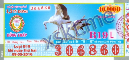 Mẫu vé sô xổ số Đồng Tháp ngày 9/5/2016