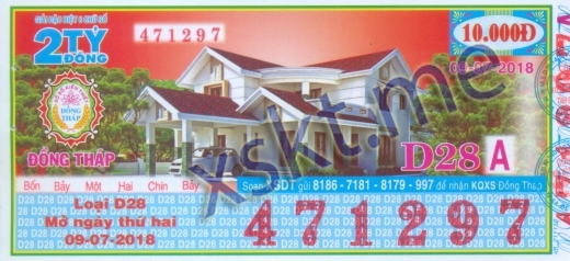 Mẫu vé sô xổ số Đồng Tháp ngày 9/7/2018