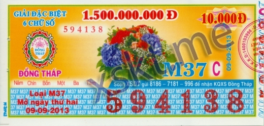 Mẫu vé sô xổ số Đồng Tháp ngày 9/9/2013