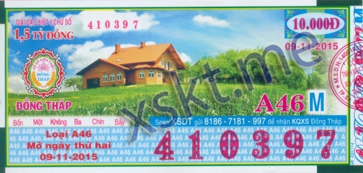 Mẫu vé sô xổ số Đồng Tháp ngày 9/11/2015
