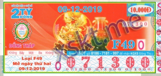 Mẫu vé sô xổ số Đồng Tháp ngày 9/12/2019
