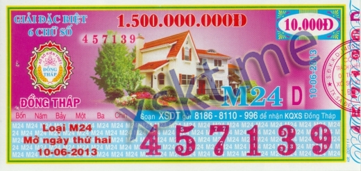 Mẫu vé sô xổ số Đồng Tháp ngày 10/6/2013
