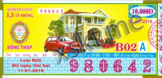 Mẫu vé sô xổ số Đồng Tháp ngày 11/1/2016