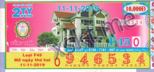 Mẫu vé sô xổ số Đồng Tháp ngày 11/11/2019