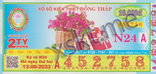Mẫu vé sô xổ số Đồng Tháp ngày 12/6/2023