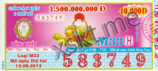 Mẫu vé sô xổ số Đồng Tháp ngày 12/8/2013