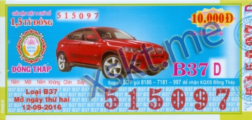 Mẫu vé sô xổ số Đồng Tháp ngày 12/9/2016