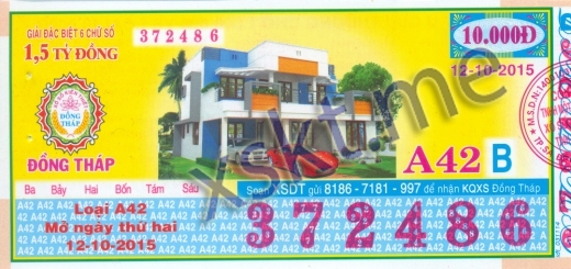 Mẫu vé sô xổ số Đồng Tháp ngày 12/10/2015