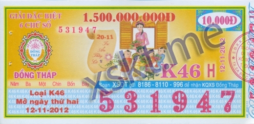 Mẫu vé sô xổ số Đồng Tháp ngày 12/11/2012