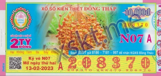 Mẫu vé sô xổ số Đồng Tháp ngày 13/2/2023