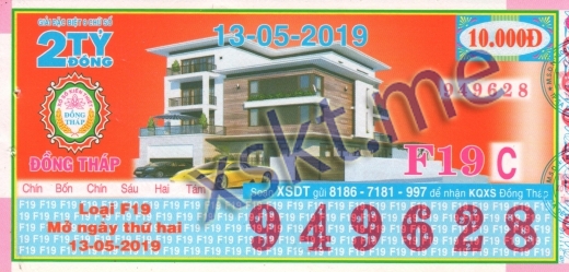 Mẫu vé sô xổ số Đồng Tháp ngày 13/5/2019