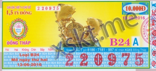 Mẫu vé sô xổ số Đồng Tháp ngày 13/6/2016