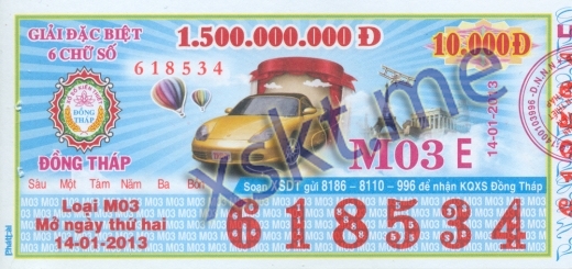 Mẫu vé sô xổ số Đồng Tháp ngày 14/1/2013