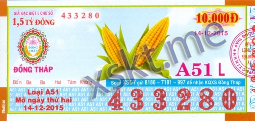 Mẫu vé sô xổ số Đồng Tháp ngày 14/12/2015