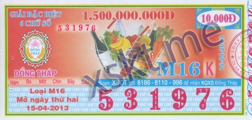 Mẫu vé sô xổ số Đồng Tháp ngày 15/4/2013