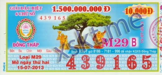 Mẫu vé sô xổ số Đồng Tháp ngày 15/7/2013