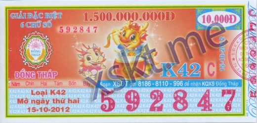 Mẫu vé sô xổ số Đồng Tháp ngày 15/10/2012