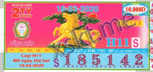 Mẫu vé sô xổ số Đồng Tháp ngày 16/3/2020