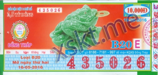 Mẫu vé sô xổ số Đồng Tháp ngày 16/5/2016