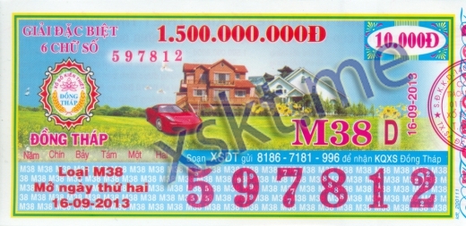 Mẫu vé sô xổ số Đồng Tháp ngày 16/9/2013