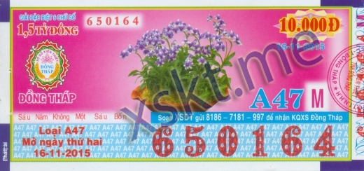 Mẫu vé sô xổ số Đồng Tháp ngày 16/11/2015
