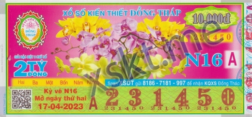 Mẫu vé sô xổ số Đồng Tháp ngày 17/4/2023