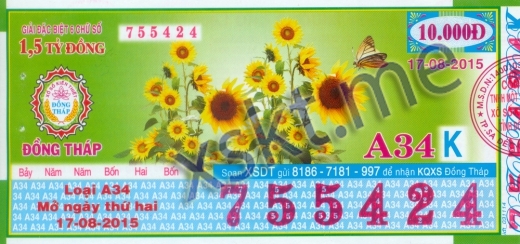 Mẫu vé sô xổ số Đồng Tháp ngày 17/8/2015