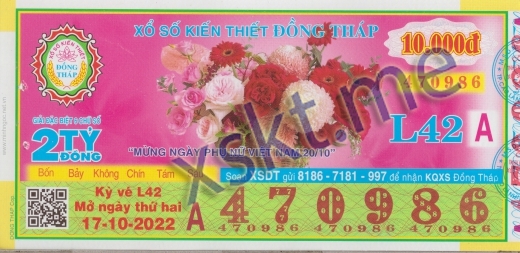 Mẫu vé sô xổ số Đồng Tháp ngày 17/10/2022