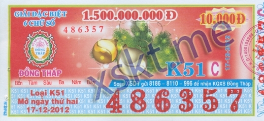 Mẫu vé sô xổ số Đồng Tháp ngày 17/12/2012