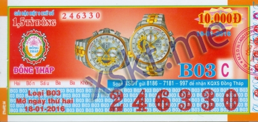 Mẫu vé sô xổ số Đồng Tháp ngày 18/1/2016