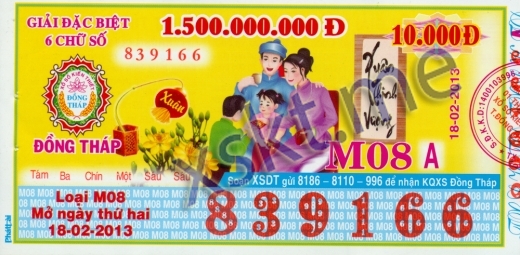 Mẫu vé sô xổ số Đồng Tháp ngày 18/2/2013