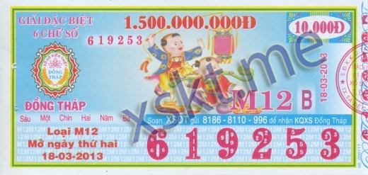 Mẫu vé sô xổ số Đồng Tháp ngày 18/3/2013