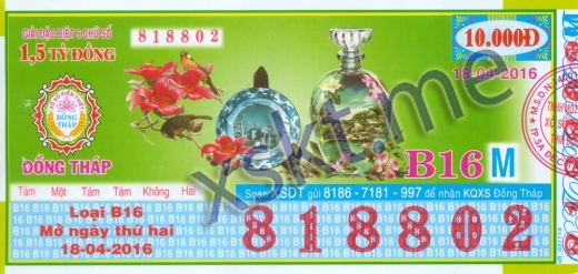 Mẫu vé sô xổ số Đồng Tháp ngày 18/4/2016