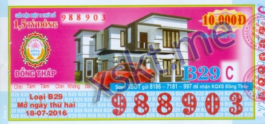 Mẫu vé sô xổ số Đồng Tháp ngày 18/7/2016